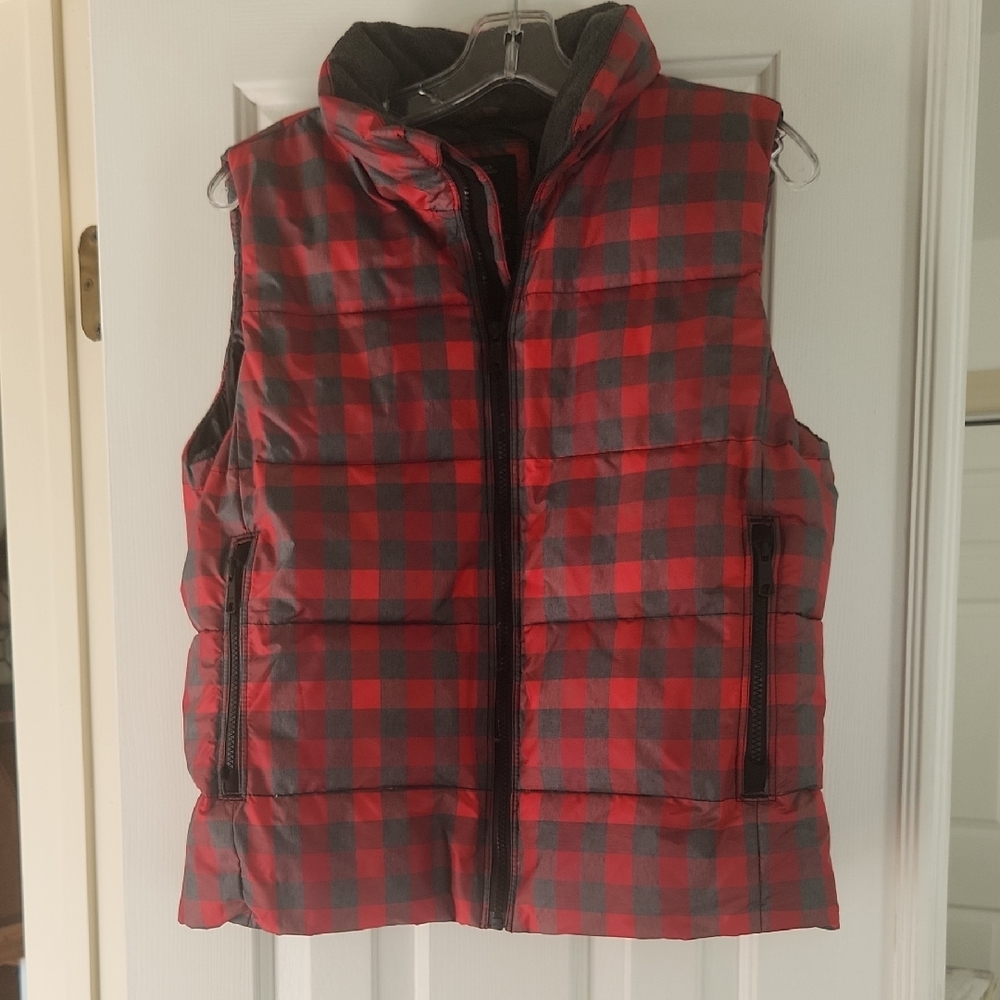 GAP Red and Gray Plaid Puffer Vest